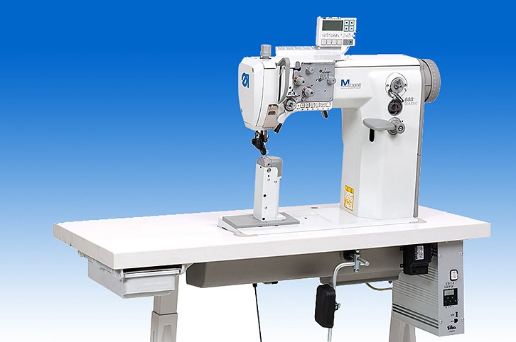 Single needle lockstitch post-bed machine with DA Direct Drive, wheel feed