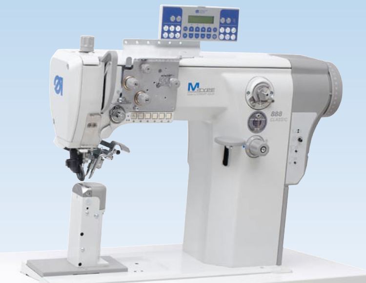 Single needle lockstitch post-bed machine with DA Direct Drive, wheel feed